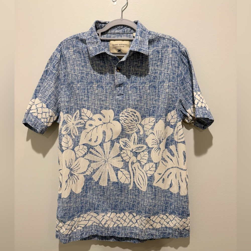 Men’s Island Republic Blue White Floral Hawaiian Resort Wear Silk Men's Shirt XL